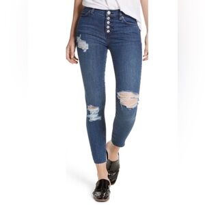 Free People High Rise Distressed Button Fly Raw Hem Denim Skinny Jeans Sz 31
